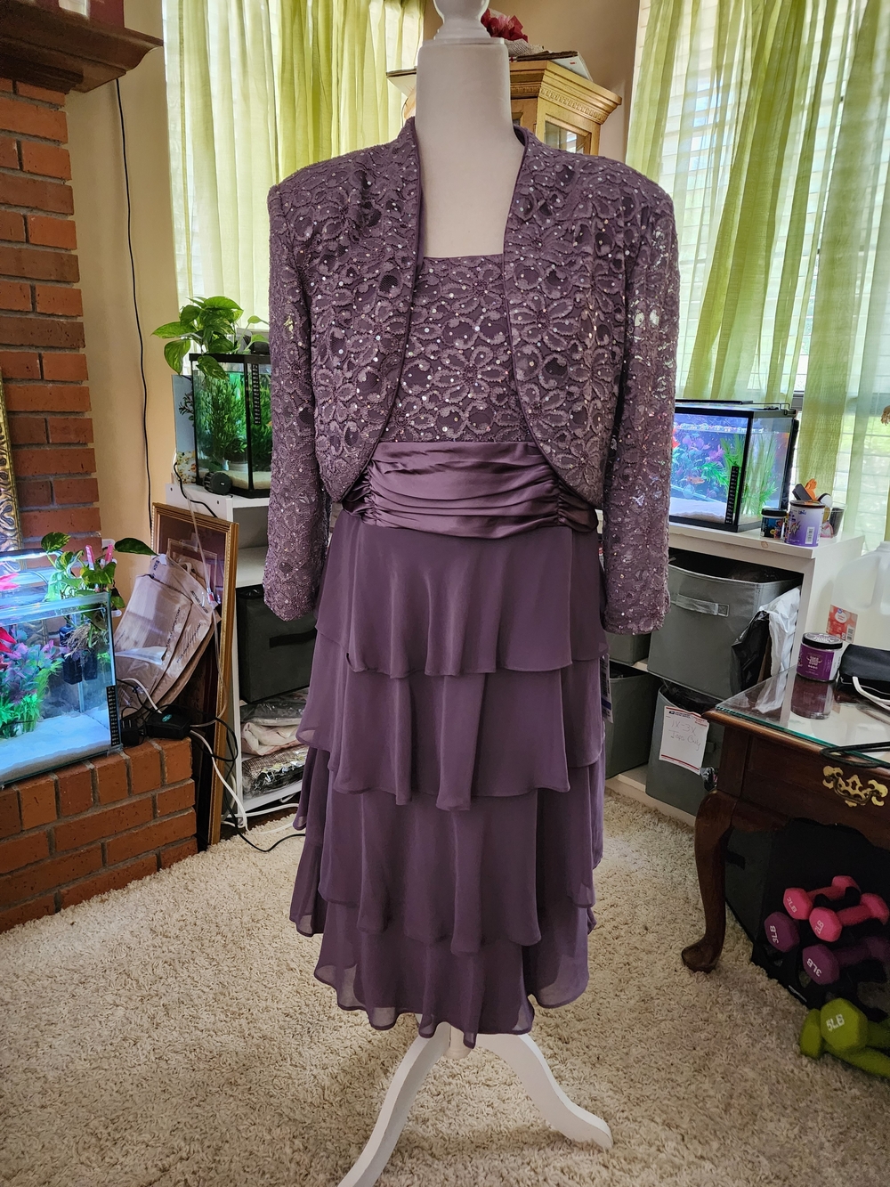 R & M Richards Lavender Purple Tiered Midi Dress with Beaded Jacket 18